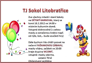 Pozvánka na Dětský karneval a Fašankovou zábavu v Litobratřicích 18. 2. 2012
